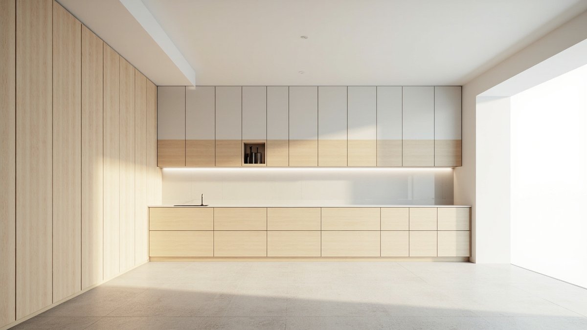 Illustrative concept design: pale ash and white kitchen cabinets running up to a plain flat white ceiling in a bright condo kitchen