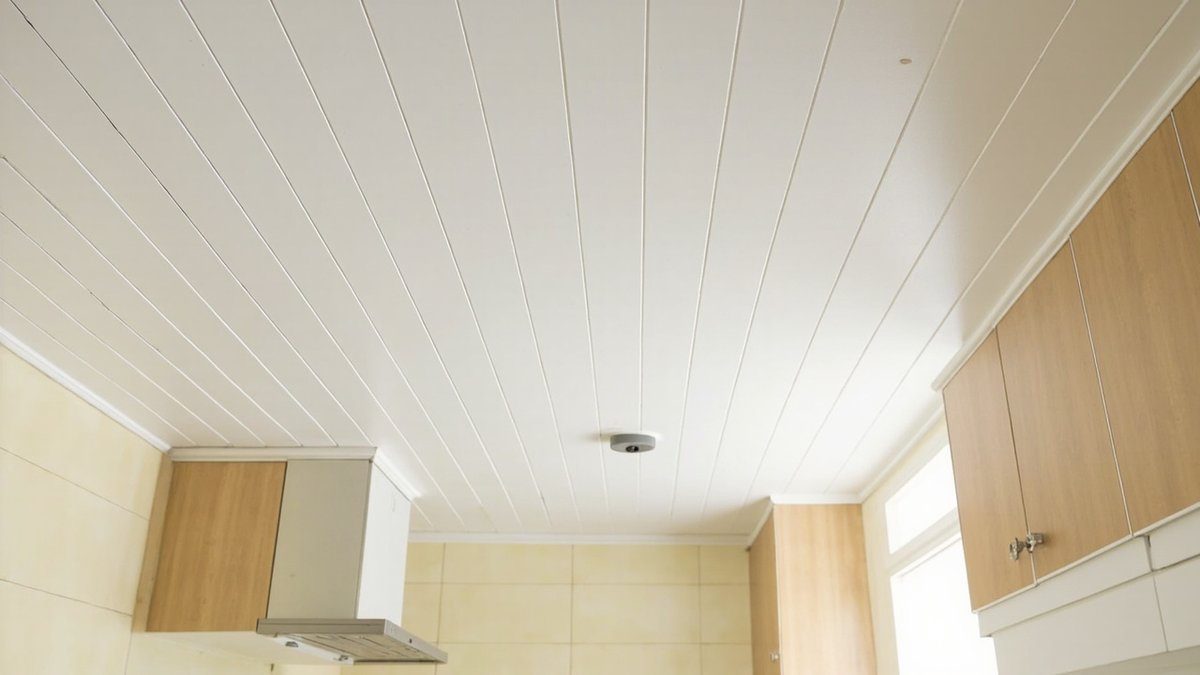 Illustrative concept design: white PVC strip ceiling with fine joint lines and one round light over wood-grain cabinets in an older terrace wet kitchen