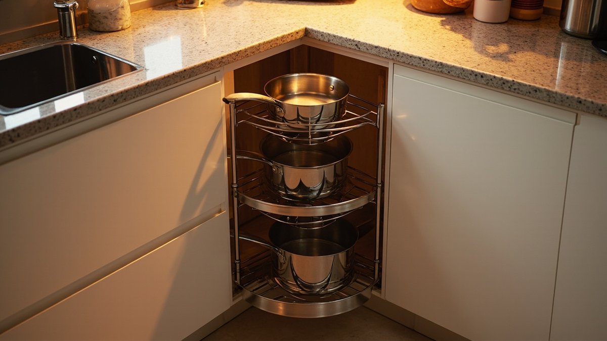 Rak magic corner ditarik keluar dari kabinet sudut dapur bentuk L dengan periuk di atasnya
