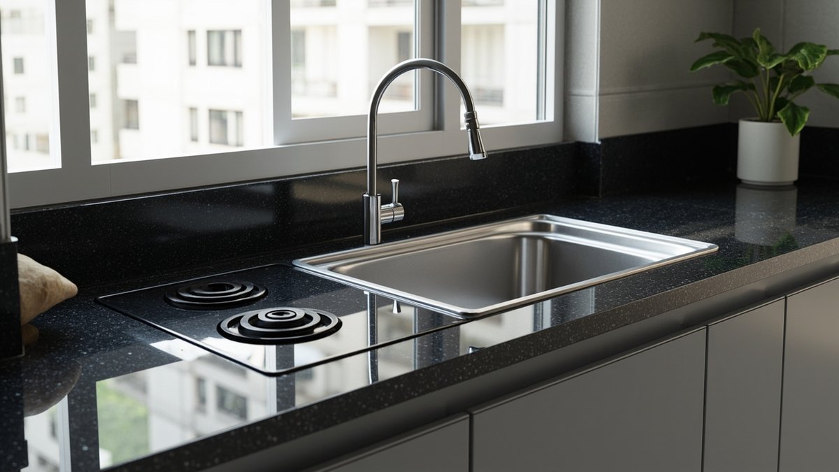 Ilustrasi konsep reka bentuk: dapur basah dengan table top granit hitam berbintik berkilat, sinki stainless inset dan dapur terbina dalam