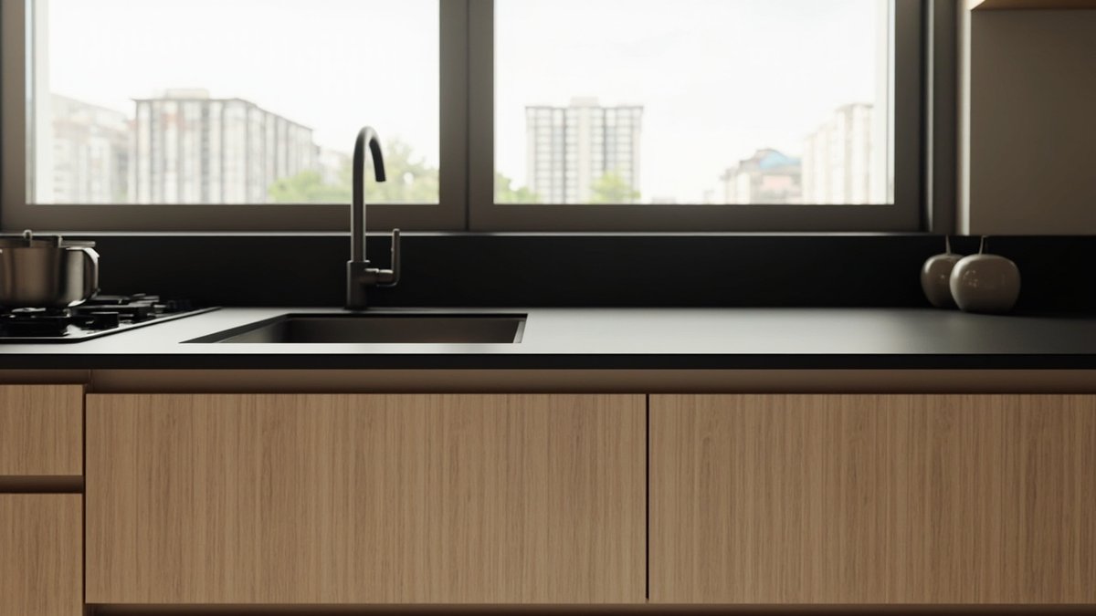 Ilustrasi konsep reka bentuk: table top dan upstand compact laminate hitam matte yang nipis di atas kabinet oak cerah dengan sinki undermount