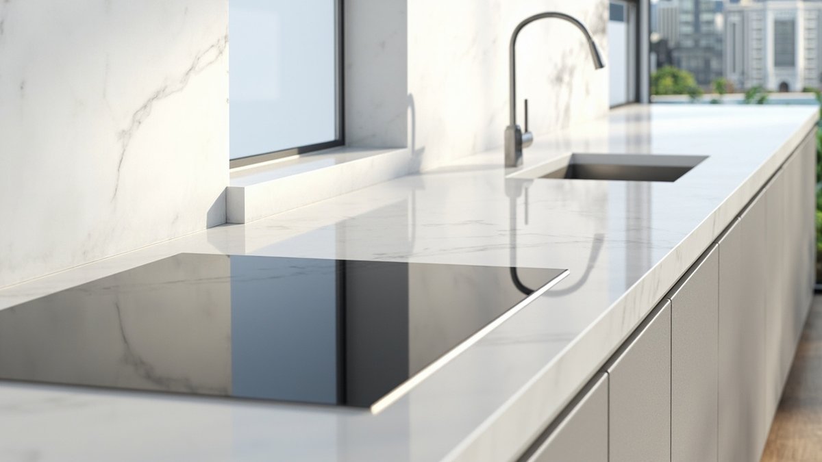 Ilustrasi konsep reka bentuk: table top putih rupa marmar yang panjang dengan backsplash slab sepadan, dapur induksi rata dan sinki undermount