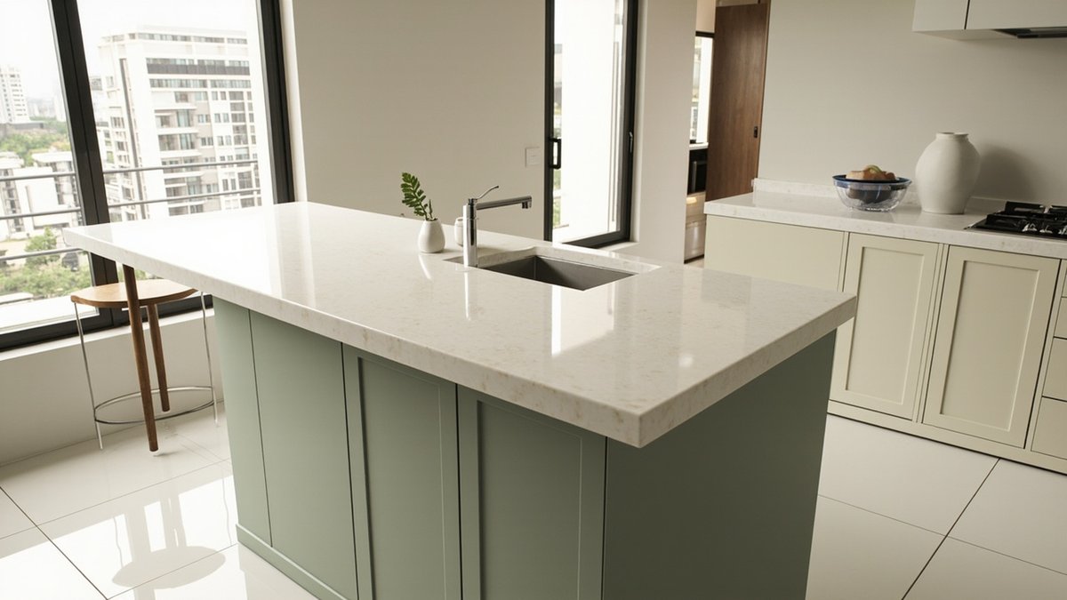 Ilustrasi konsep reka bentuk: island dapur kabinet shaker hijau sage dengan table top quartz krim berbintik yang tebal dan tepi mitred