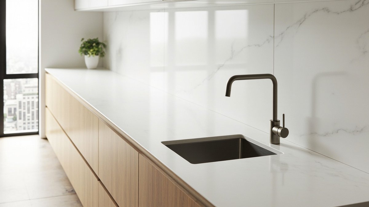 Ilustrasi konsep reka bentuk: table top batu sinter putih berurat yang naik ke dinding sebagai backsplash slab di atas kabinet oak cerah