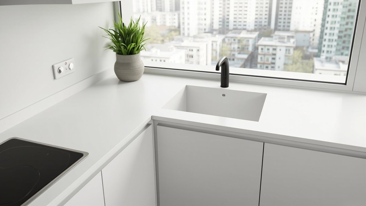 Ilustrasi konsep reka bentuk: table top solid surface putih matte bentuk L dengan sinki bersepadu tanpa sambungan dan paip hitam
