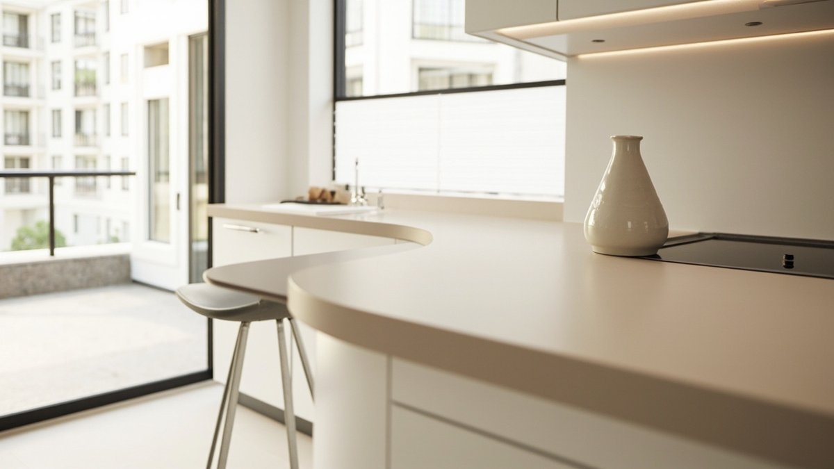 Ilustrasi konsep reka bentuk: table top solid surface beige hangat yang melengkung menjadi hujung bar sarapan bulat dengan satu bangku