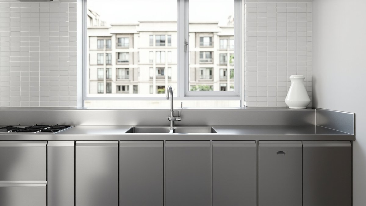 Ilustrasi konsep reka bentuk: dapur basah dengan table top dan upstand stainless steel berus, sinki berkembar dan pintu kabinet stainless