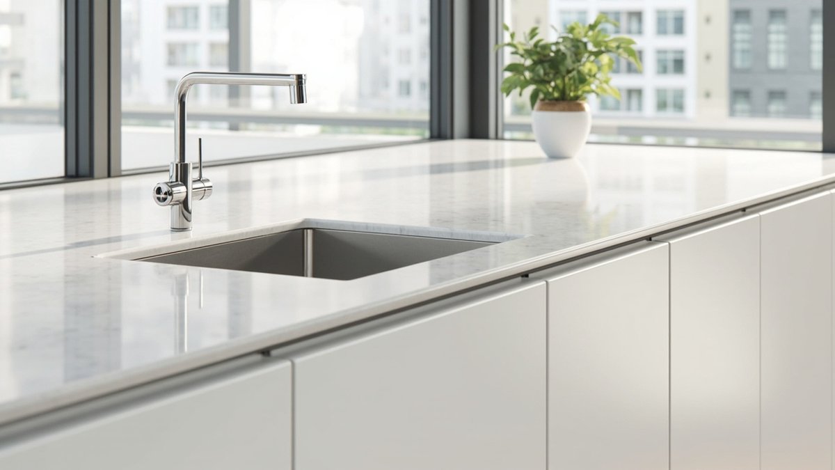 Ilustrasi konsep reka bentuk: table top quartz putih bercorak kelabu samar dengan sinki undermount di atas kabinet putih tanpa pemegang