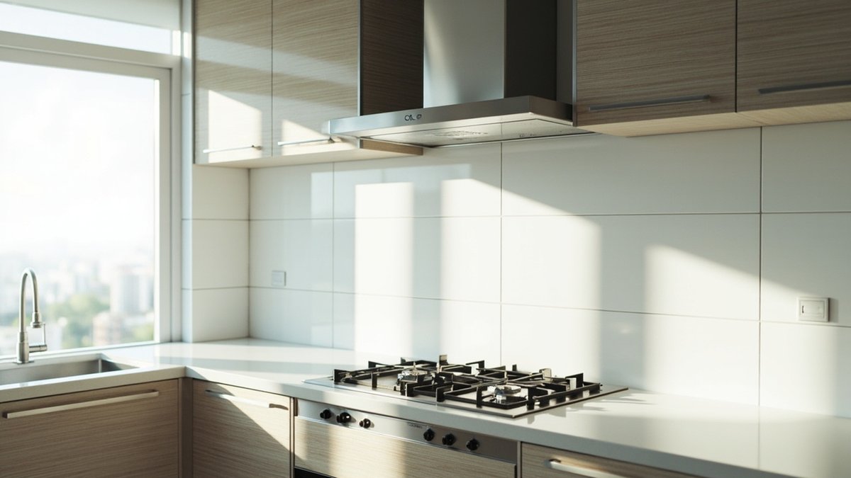 Freshly deep-cleaned Malaysian kitchen with a stainless chimney hood, gas hob and clean tiled backsplash