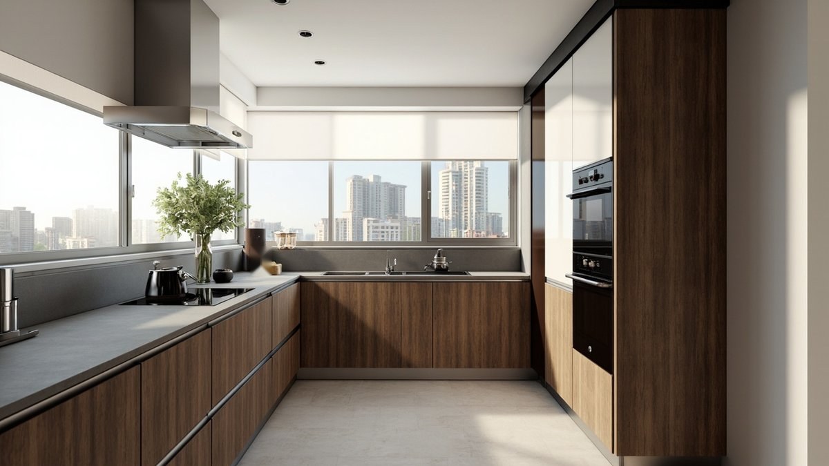 Ilustrasi konsep reka bentuk: dapur bentuk U dengan pintu corak walnut berbingkai logam nipis dan permukaan rupa batu kelabu