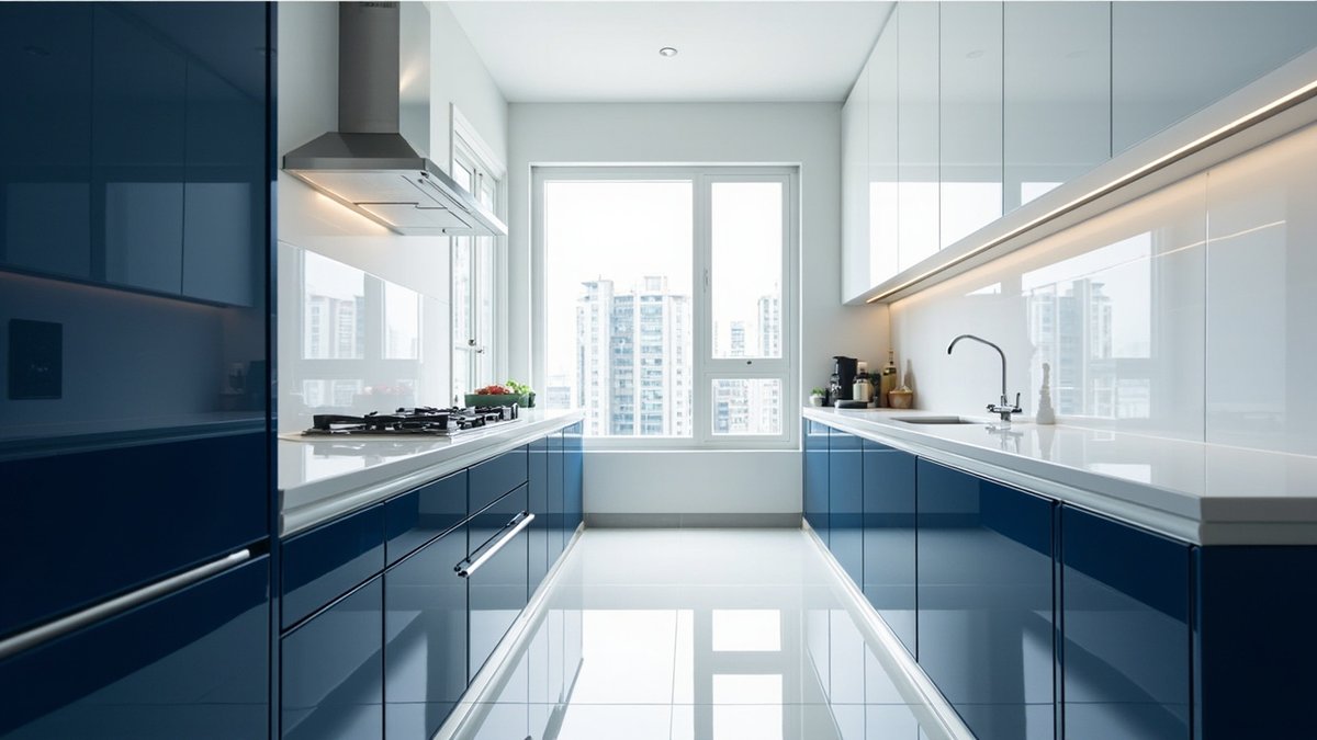 Ilustrasi konsep reka bentuk: dapur galley dengan pintu bawah biru tua berkilat, kabinet atas putih dan hood keluli