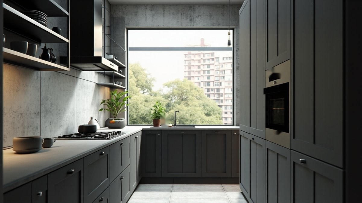 Ilustrasi konsep reka bentuk: dapur galley industrial dengan pintu berbingkai arang, dinding rupa konkrit dan rak keluli hitam