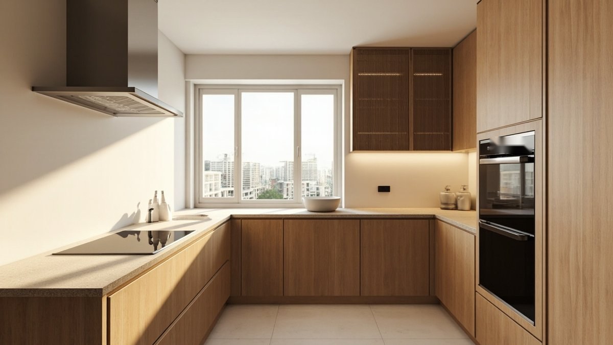 Ilustrasi konsep reka bentuk: dapur bentuk U corak oak dengan pintu atas berbilah, permukaan kuning air dan hob induksi