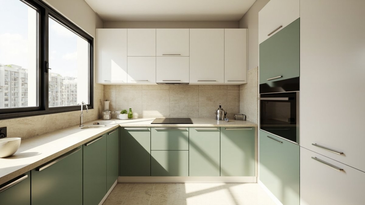 Ilustrasi konsep reka bentuk: dapur kondo dengan pintu slab hijau sage matte dan pemegang bar di bawah kabinet atas putih