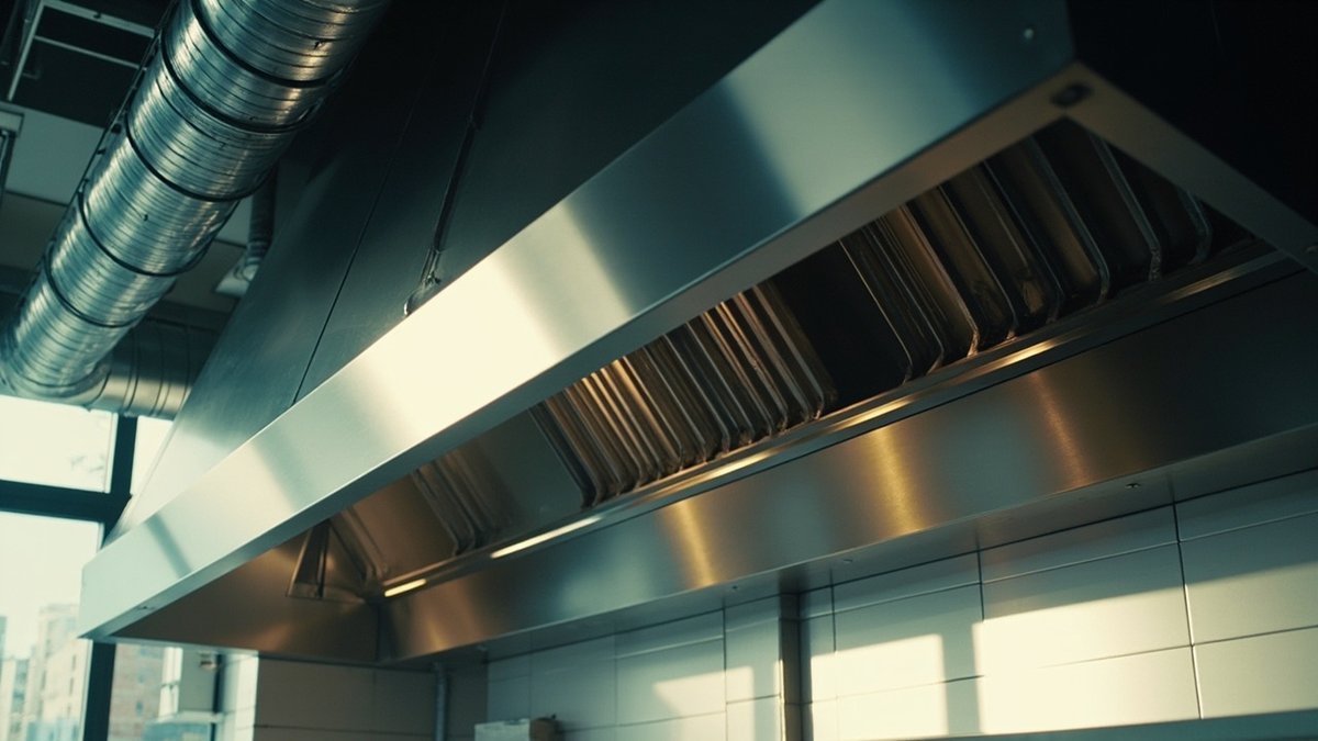 Stainless steel kitchen exhaust hood and ducting installed in a Malaysian restaurant kitchen