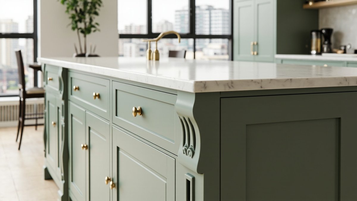 Ilustrasi konsep reka bentuk: kitchen island shaker hijau sage dengan tombol tembaga, corbel berukir dan top rupa marmar
