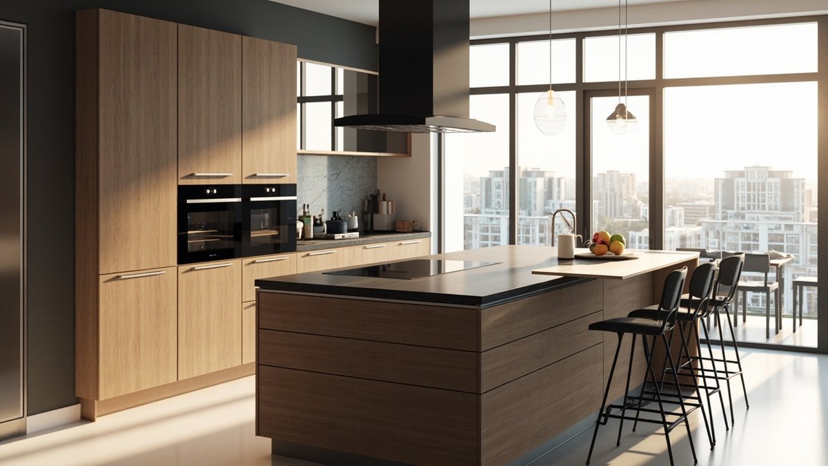 Ilustrasi konsep reka bentuk: kitchen island rupa walnut dengan hob induksi, ledge kayu tinggi, tiga kerusi hitam dan hood di atas
