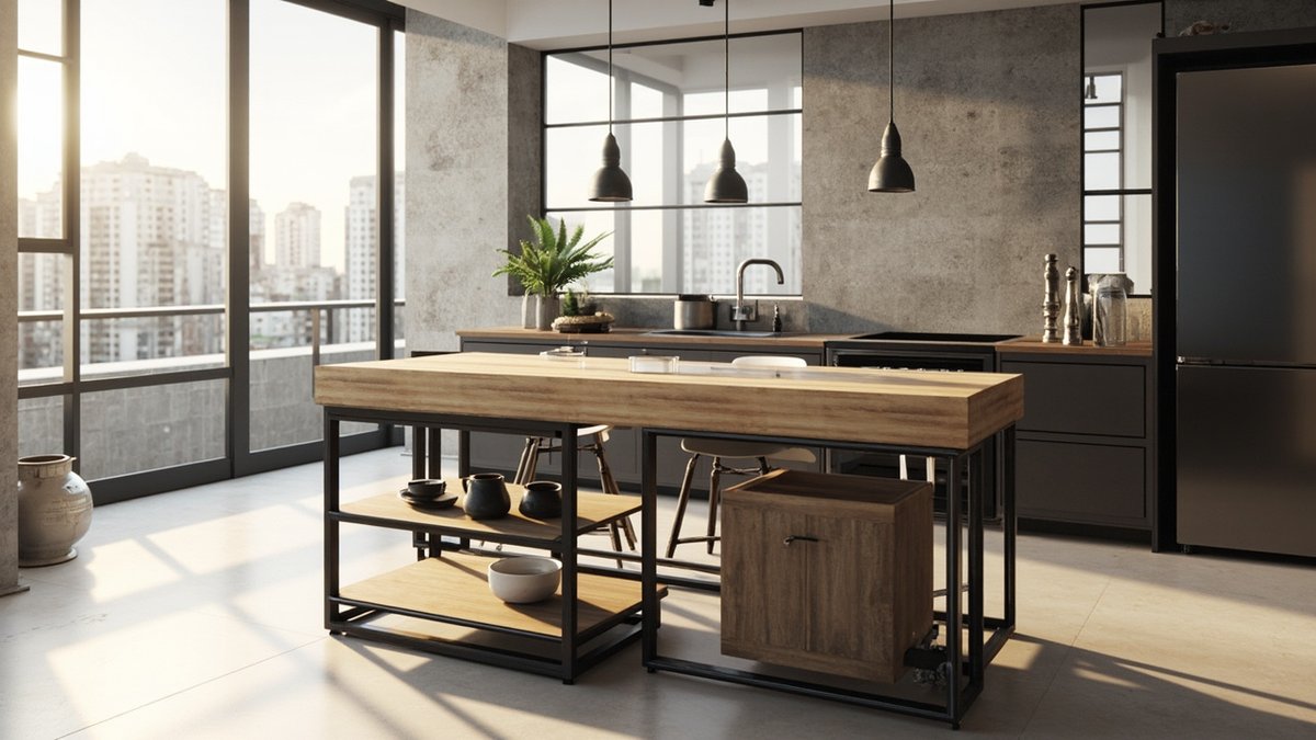 Ilustrasi konsep reka bentuk: kitchen island butcher block tebal atas rangka besi hitam terbuka dengan rak dan kabinet kayu kecil