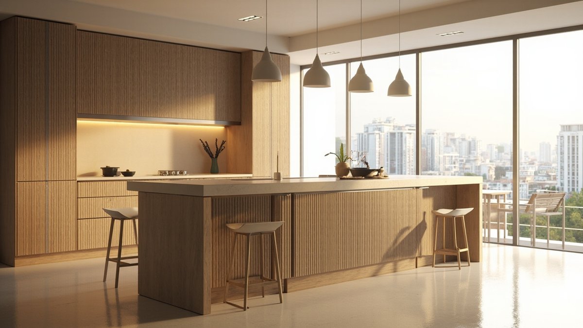 Ilustrasi konsep reka bentuk: kitchen island panjang dengan panel oak beralur, top rupa batu krim yang tebal dan lampu gantung kon