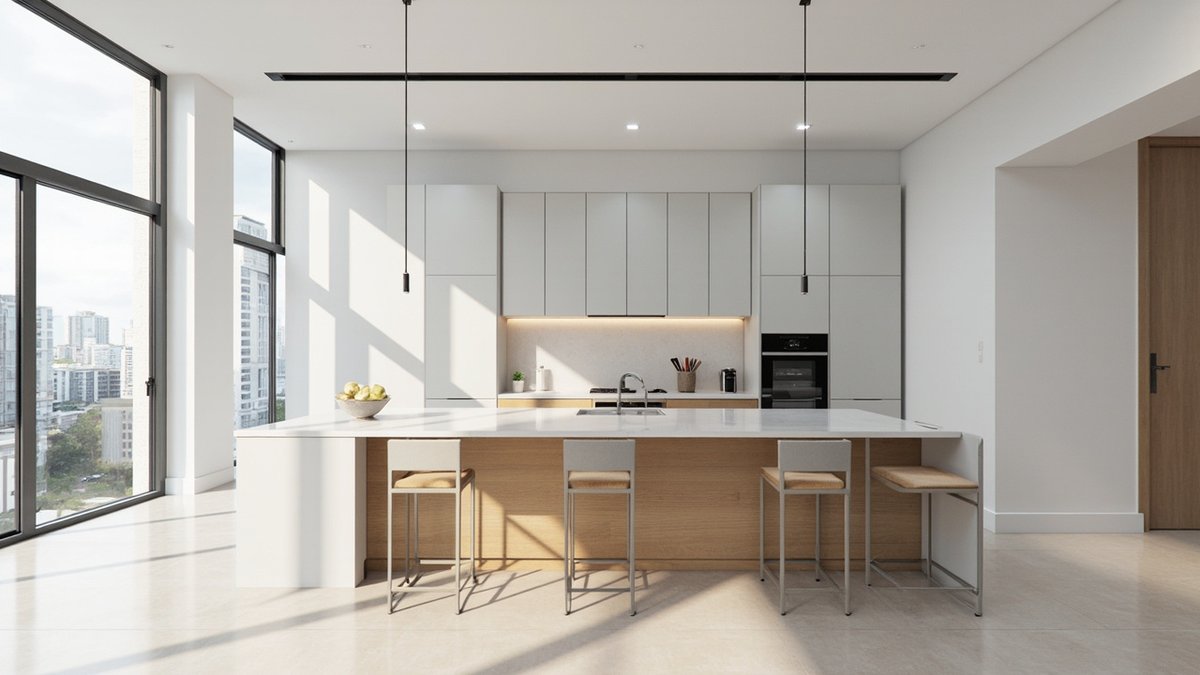 Illustrative concept design: long white-topped kitchen island with an oak-look front, a sink and four bar stools under black pendants in an open condo kitchen