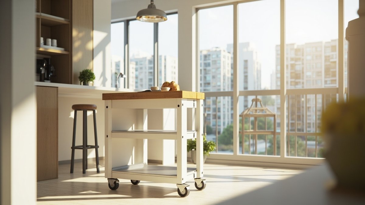 Ilustrasi konsep reka bentuk: trolley dapur berangka putih dengan top butcher block, rak keluli tahan karat dan roda berkunci