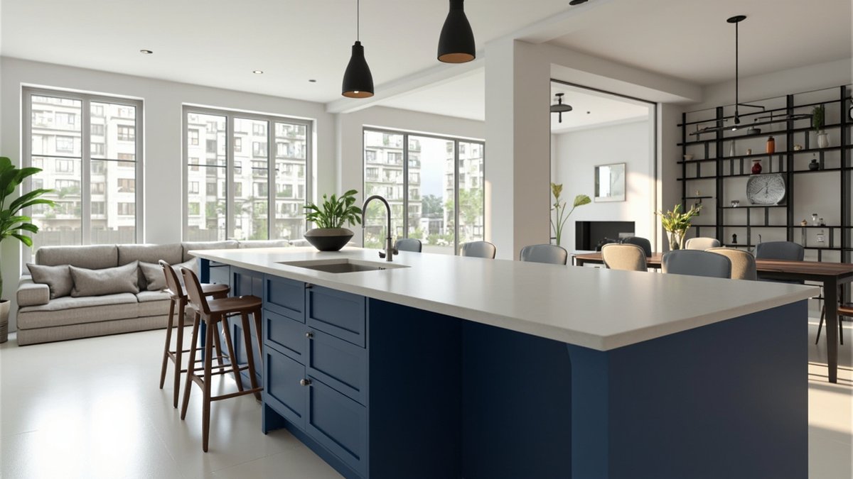 Ilustrasi konsep reka bentuk: kitchen island shaker biru navy dengan sinki bawah kaunter dan pili hitam menghadap ruang tamu terbuka
