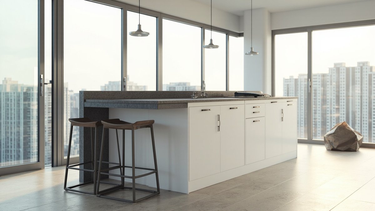 Ilustrasi konsep reka bentuk: kitchen island putih dengan top kelabu berbintik, ledge belakang yang lebih tinggi dan dua kerusi gelap