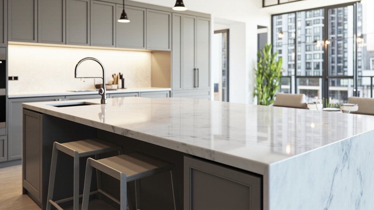 Ilustrasi konsep reka bentuk: kitchen island dengan top waterfall rupa marmar putih, tapak shaker kelabu, sinki dan dua kerusi