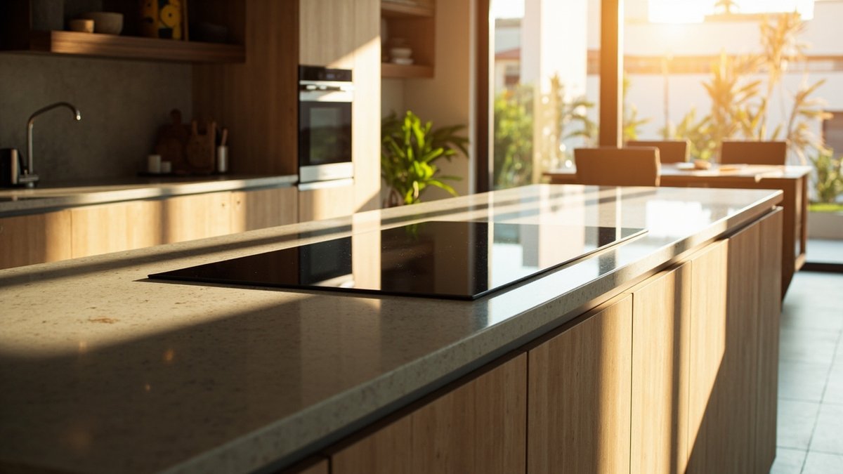 Kitchen island with a built-in induction hob