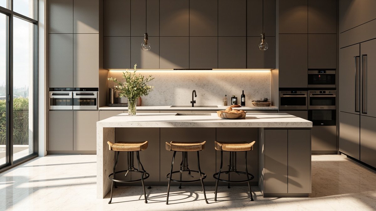Kitchen island with a seating overhang and bar stools