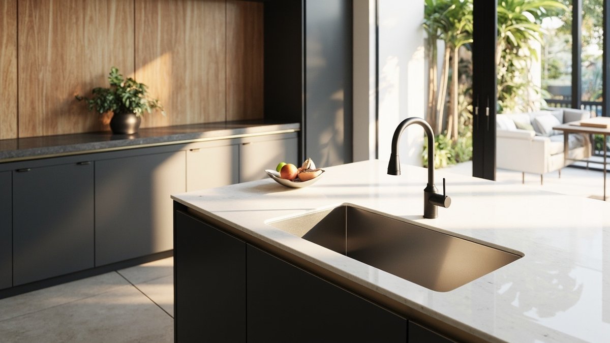 Kitchen island with an integrated sink and tap