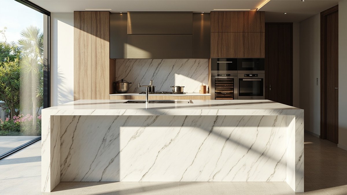 Custom kitchen island with a waterfall-edge quartz countertop