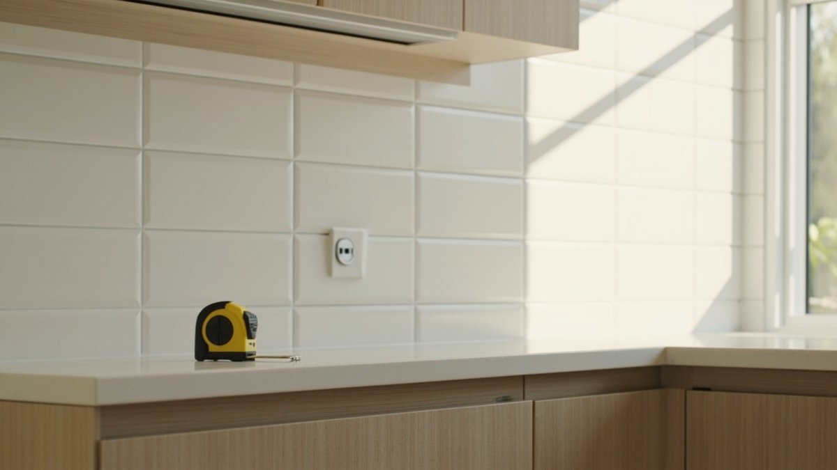 Gambar dekat kaunter dapur dan backsplash berjubin dengan pita pengukur semasa perancangan pengubahsuaian