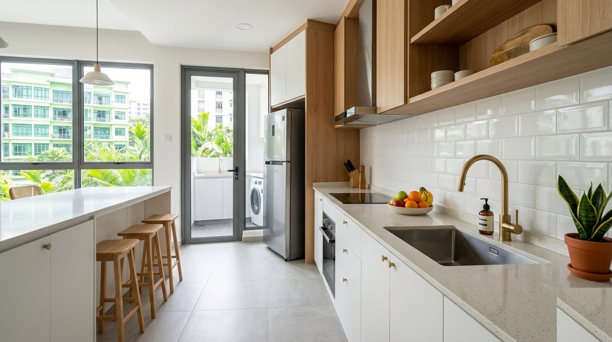 Modern Malaysian condo kitchen with wet-and-dry layout, white cabinets, oak accents and quartz countertop