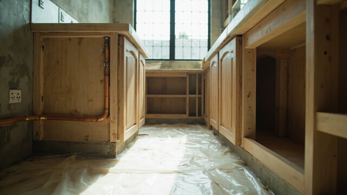 Dapur sedang direnovasi dengan kabinet bawah yang sudah rata menunggu countertop