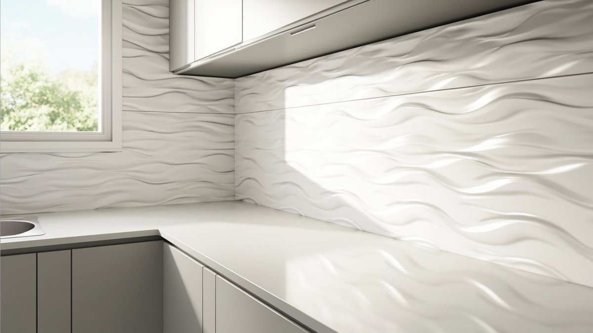 Illustrative concept design: white wavy 3D relief tiles on an L-shaped kitchen backsplash in side light