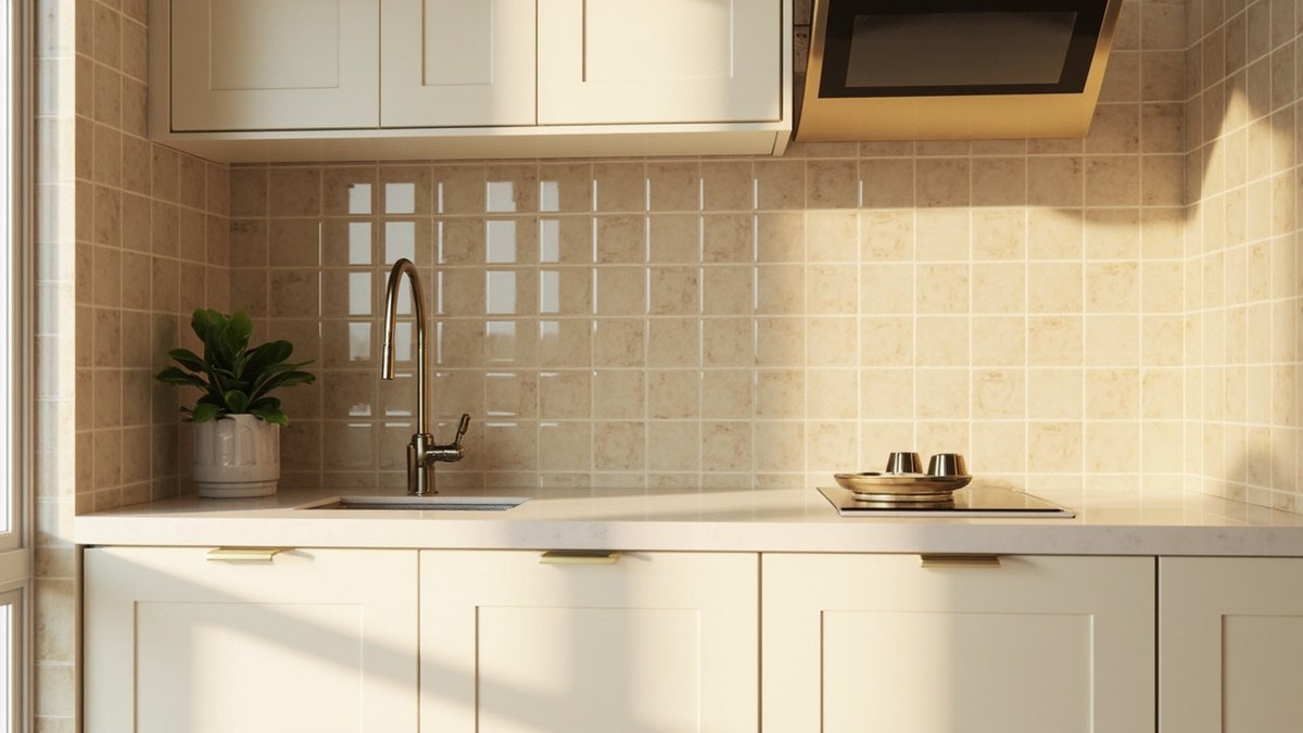 Illustrative concept design: glossy beige handmade-look square tiles with cream shaker cabinets and a brass tap