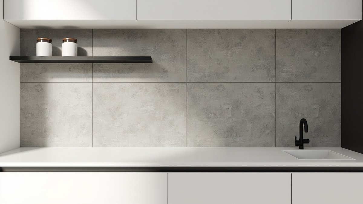 Illustrative concept design: large grey cement-look tiles with one black floating shelf in a white kitchen