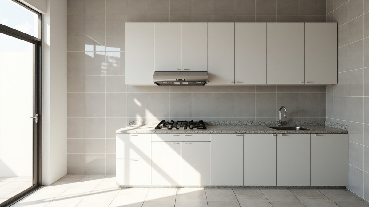 Illustrative concept design: wet kitchen tiled to the ceiling in large light grey glazed tiles with white cabinets