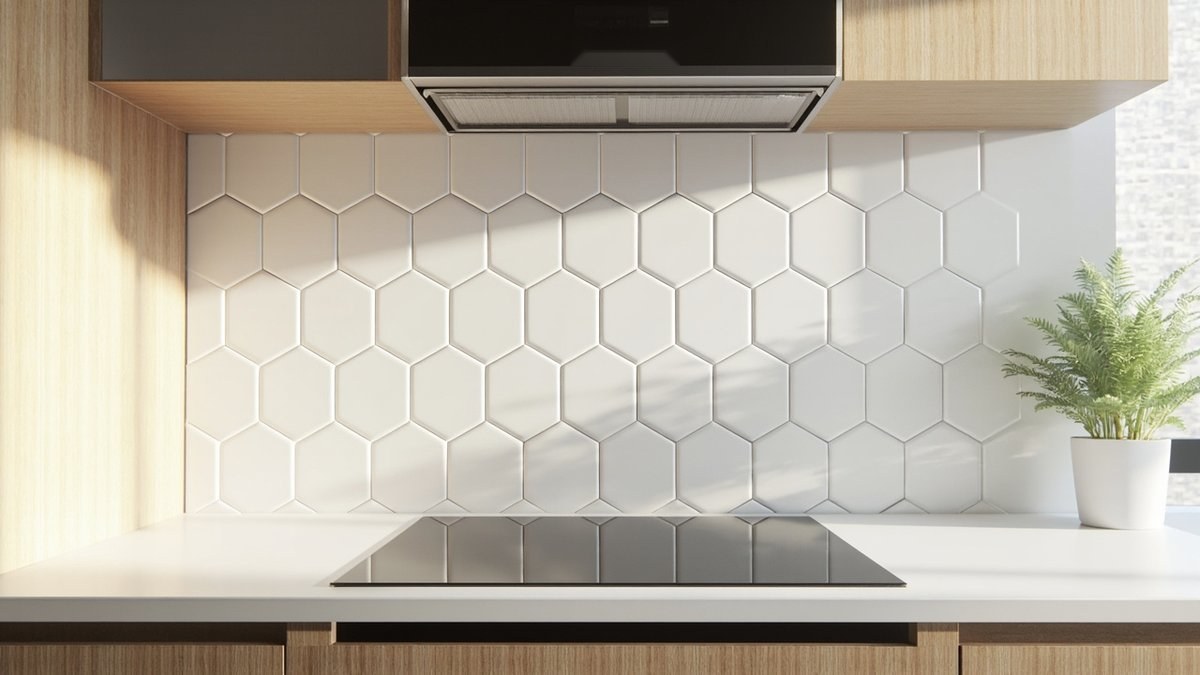 Illustrative concept design: matt white hexagon tiles behind a black induction hob between oak cabinets