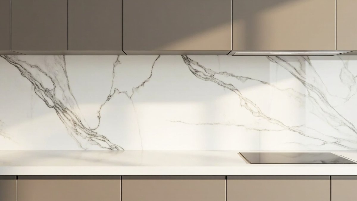 Illustrative concept design: large white marble-look slab backsplash with bold grey veins above a white worktop