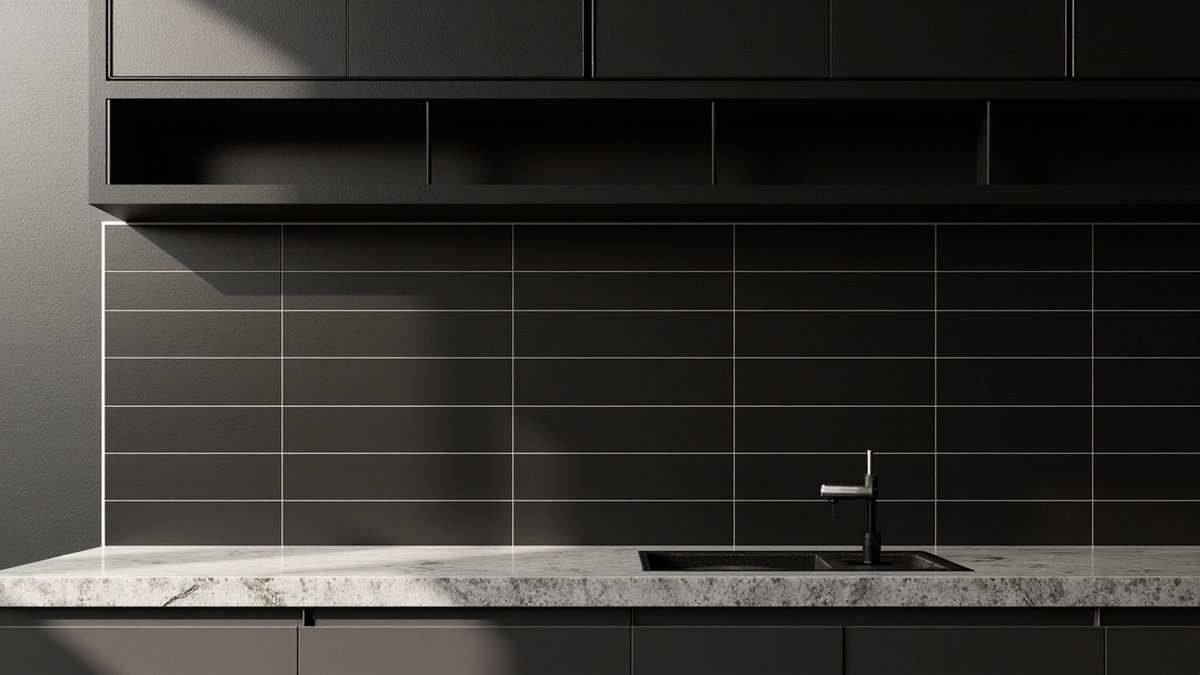 Illustrative concept design: matt black rectangular tiles with pale grout between black cabinets and a granite-look worktop
