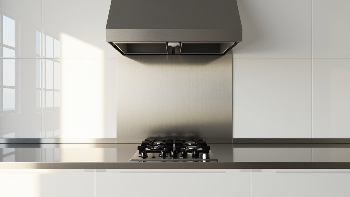Illustrative concept design: brushed stainless panel behind a gas hob between large glossy white wall tiles