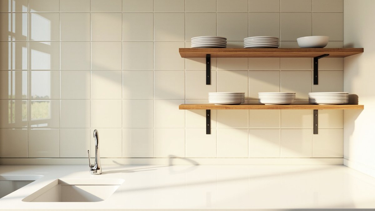 Illustrative concept design: cream square tiles up to the ceiling with two timber open shelves of white plates