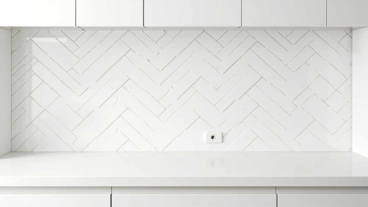 Illustrative concept design: glossy white rectangular tiles in a herringbone backsplash between white cabinets