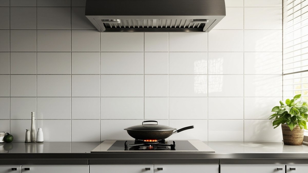 Illustrative concept design: large white square tiles with grey grout behind a wok burner on a stainless worktop
