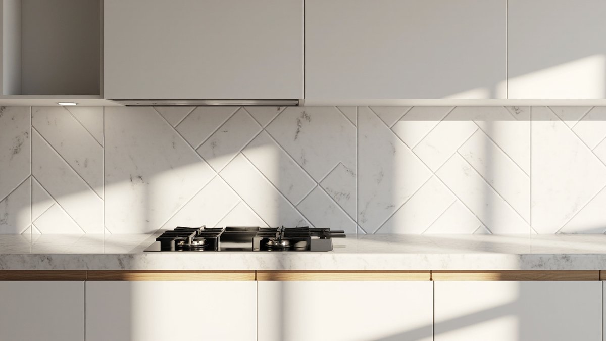 Illustrative concept design: dry kitchen backsplash of marble-look white tiles laid in a large herringbone behind a black gas hob