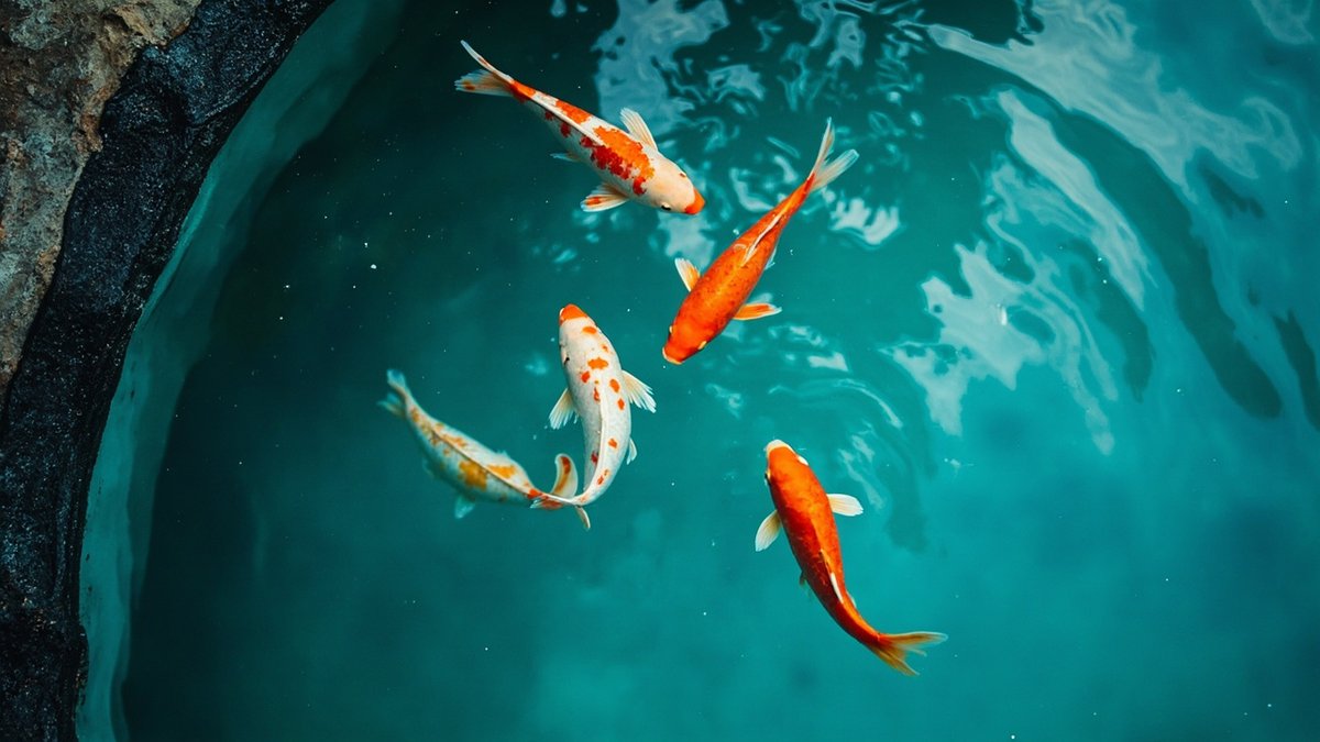 Koi fish swimming in a newly built garden pond