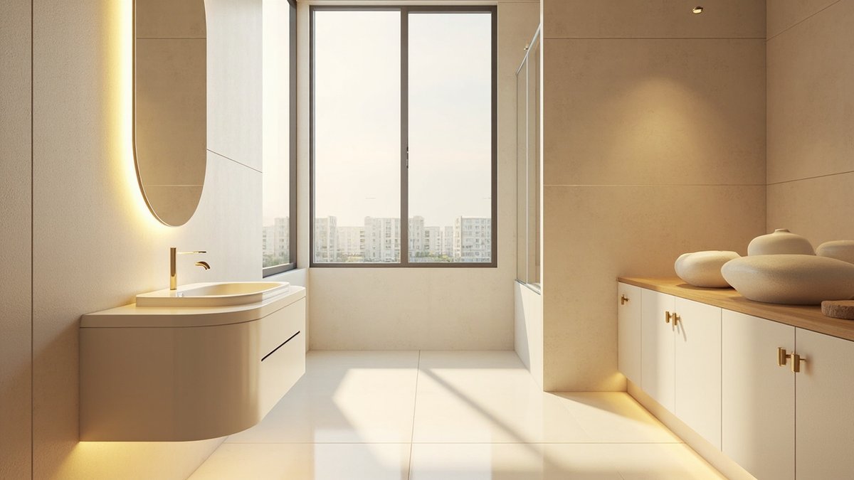Ilustrasi konsep reka bentuk: bilik air kuning air dengan vanity terapung bulat dan cermin bujur tinggi berlampu