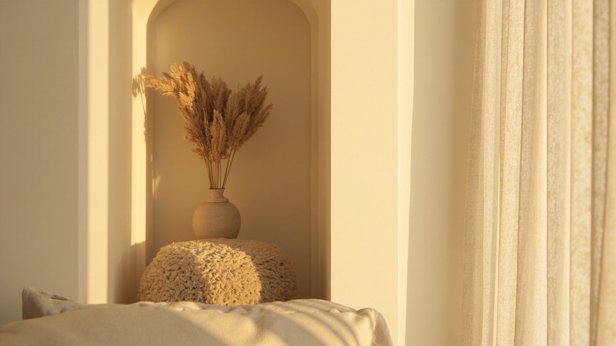 Cream arched wall niche with a boucle stool and dried pampas in soft afternoon light